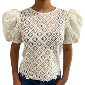 EXPRESS Women lace Puff Sleeve White Top Shirt Blouse Victorian Small